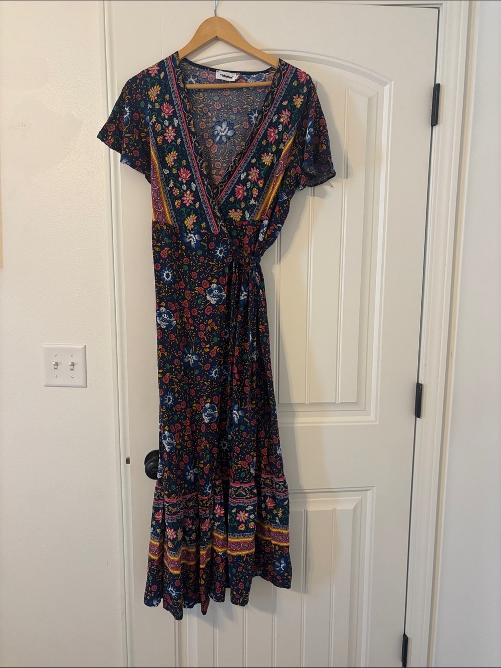 Bohemian Navy Floral Wrap Maxi Dress with Tie Waist
